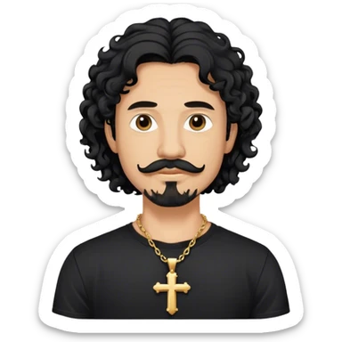 Long curly black hair guy, goatee and mustache with a cross neckless and a black tshirt sticker