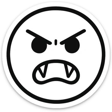 button with black outline, angry face with black eyes and fangs, hand drawn outlined icon sticker
