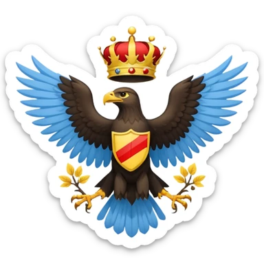A light blue flag featuring a red and black horizontal stripe across the center. In the middle, a yellow circle contains a golden heraldic eagle with spread wings and a small crown above its head. Flat 2D vector style. sticker