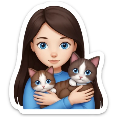 a pretty girl with long dark 
brown hair, with blue eyes, hugs 3 different natural coloured small cats sticker