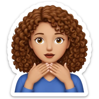 woman with brown curly hair with two hands around throat sticker