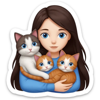 a girl with long dark 
brown hair, with blue eyes, hugs 3 different natural coloured cats sticker