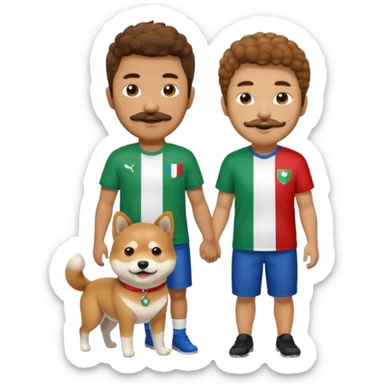 Italy flag shirt boy with mustache beard brown curly hair next to Shiba Inu sticker