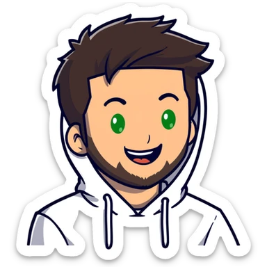 laughing guy with white hoodie, white t-shirt underneath, green eyes, dark brown undercut hairstyle and a short full beard sticker