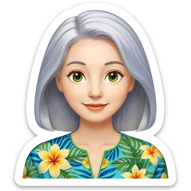 A woman with light complexion, an oval face with soft rounded features, full cheeks, gentle almond-shaped eyes with subtle smile lines, very long silver-gray hair parted to the side and styled loosely, wearing a vibrant tropical print blouse in blue, green, and yellow, exuding warmth and joy sticker