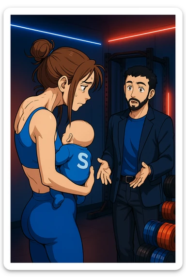 ispirati a questo stile di disegno e fai questa immagine in versione manga/webtoon a colori, il manga mostra la donna preoccupata di profilo con la postura sbagliata e incurvata, spalle chiuse e curve in avanti, con un neonato in braccio con una tutina azzurra e la scritta "S" sulla schiena, spina dorsale storta della donna in evidenza mentre ascolta l'uomo mentre l'uomo gli sta spiegando una cosa, ma non fare i fumetti, fai come se stessero parlando sticker