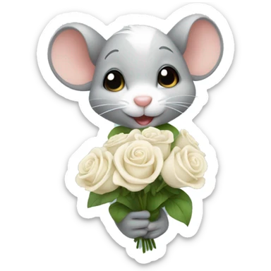 Cute mouse holding white rose bouquet  sticker