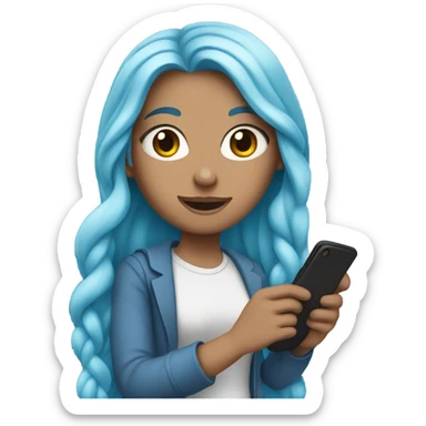 white girl with long blue hair holding a phone in her hands sticker