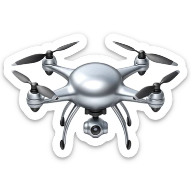 A futuristic drone emoji made of polished silver chrome, smooth rounded body, minimal propellers, reflective metallic surface, soft studio lighting, iOS emoji style, centered, clean white background sticker