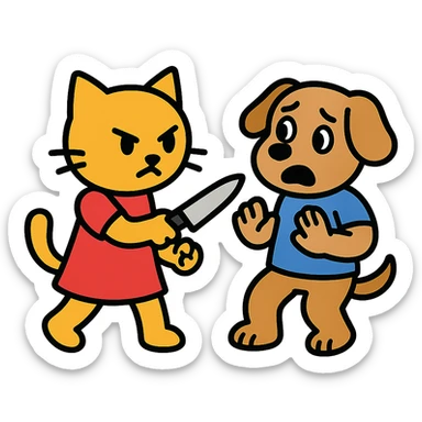 a girl kitty cat holding a knife, attacking a boy dog sticker