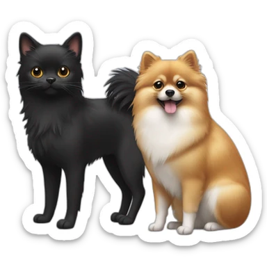 a pomeranian, a black cat and a gray mouse are standing next to each other sticker