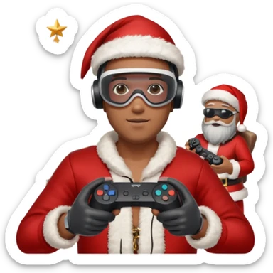 Homme photographe noir, week-end détente, équipé d’un appareil photo pro. Dans un décor Noël chaleureux, Père Noël à côté, sapin illuminé, lumières douces. L’homme porte un casque VR autour du cou ou sur la tête, et une manette PS 2025 dans la main libre. Ambiance festive, réaliste, couleurs nettes sticker