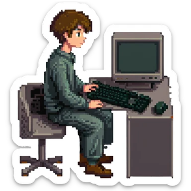 Young man sitting at an old school desktop computer with large monitor and keyboard sticker