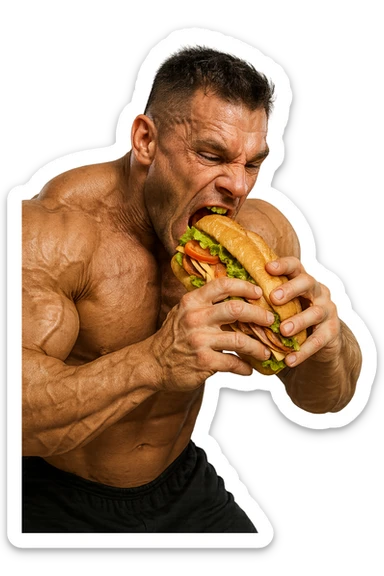 bodybuilder che mangia affamato un panino, iperrealistico 4k sticker