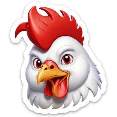 Cinematic Comical White Rooster Portrait Emoji, Head tilted dramatically with an exaggeratedly shocked or amused expression, featuring a striking pure white plumage with a bold red comb, wide, expressive eyes filled with playful disbelief, Simplified yet hilariously expressive features, highly detailed, glowing with a slightly sassy glow, high shine, dramatic yet playful, stylized with an air of cheeky mischief, bright and endearing, soft glowing outline, capturing the essence of a spirited and over-the-top rooster, so meme-worthy it feels like it could crow its way into internet fame instantly! sticker