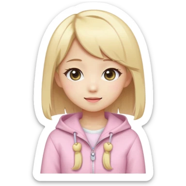 Cute kawaii emoji-style Japanese K-pop girl, blonde hair, trendy K-pop outfit with Japanese cute fashion vibes, big sparkling eyes, chibi proportions, clean lineart, pastel colors, cheerful idol smile, sticker/emoji style, transparent background sticker