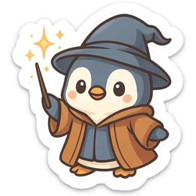 a cute penguin wizard casting a spell, wearing a robe and holding a wand, magical sparkles around sticker