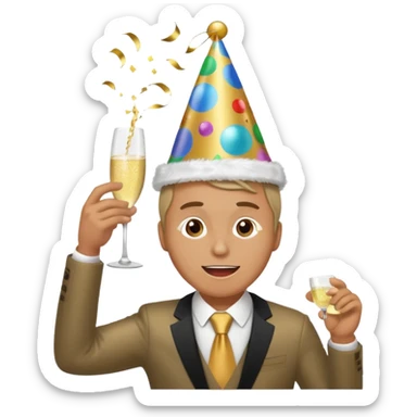 An energetic man throws his head back, drinking champagne loudly as the New Year begins. sticker