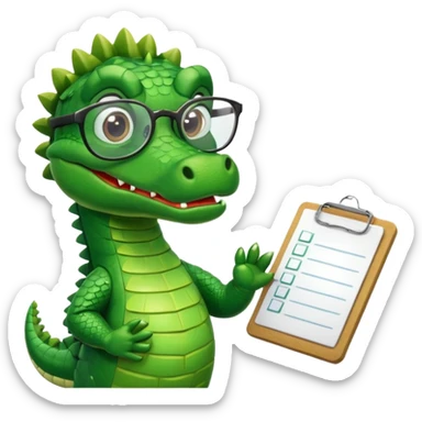 A cartoon alligator with a clipboard and glasses sticker