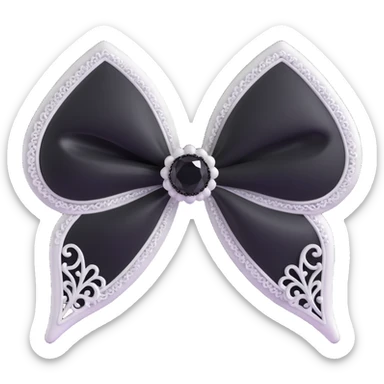 3D emoji gothic bow, white velvet, silver filigree, black lace trim, black gemstone center sticker
