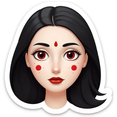 White girl with long oval shaped face, large almond shaped eyes with long eyelashes, long straight black hair falling in front of her bare shoulders, face closeup, with red and white gopi dots decorating her forehead above eyebrows sticker