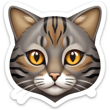 Cinematic Noble Grey and Black Brown Tabby Cat Portrait Emoji, Poised and regal, with sleek grey-brown fur featuring bold black tabby stripes and a distinct M-shaped marking on the forehead, bright amber eyes, Simplified yet sharp and sophisticated features, highly detailed, glowing with a soft, dignified glow, high shine, intelligent and graceful, stylized with an air of elegance, focused and attentive, soft glowing outline, capturing the essence of a watchful and refined feline, so majestic it feels as though it could glide across the screen with effortless confidence! sticker