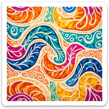 Batik art icon, colorful fabric with wax patterns, vibrant colors, fluid lines, minimalistic design, clean lines, transparent background. sticker