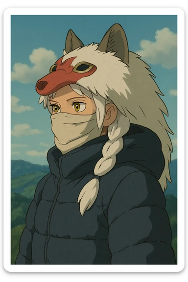 1 female, gold yellow eyes, white hair with a single long braid, wolf headdress, rag face covering, dark colored puffer parka, gazing into the distance sticker
