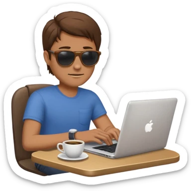 man in sunglasses typing on a laptop with a coffee cup beside him sticker
