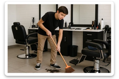 sartaroshxonani tozalayotgan o'smirin bola juda  yosh ham emas katta ham supir sudir qilaytgani narsalarni tozalayotgani  
 sticker