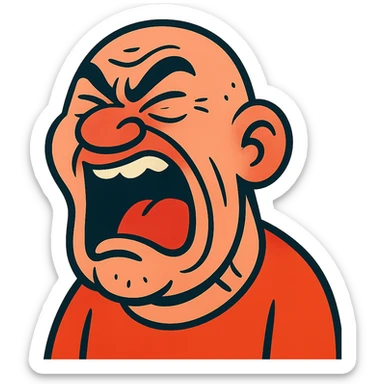 bald screaming ugly man with exaggerated features, cartoon style, comical and expressive sticker