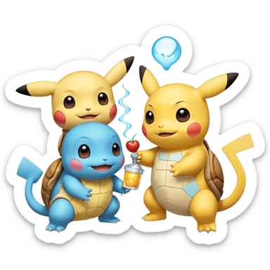  Pikachu has a light to share, but Squirtle has none. Pikachu sees this is unfair, so he shares the light with Squirtle. They smile and eat together. Show this as a cute Pokémon emoji scene about justice and fairness.

 sticker