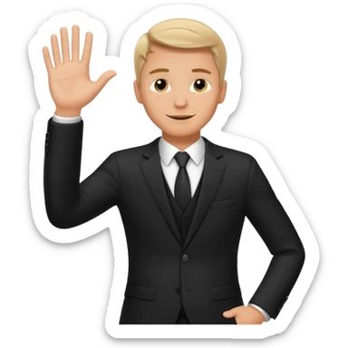A white man in a suit stands and waves his hand in greeting. sticker