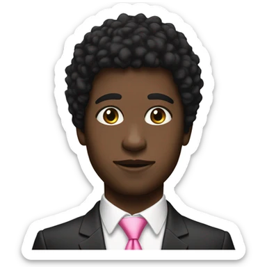 A profile of a black twink with an afro mullet in an intricate suit with a pink tie and no beard sticker