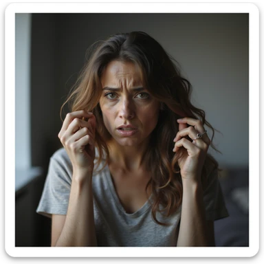hyperrealistic 4K detailed image of a woman with hormonal imbalance, visibly thinning hair, holding a lock of hair, worried face, domestic environment sticker