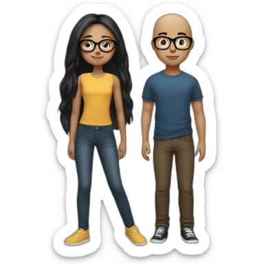 girl with bro2n long straight hair and black round glasses and bald boy sticker