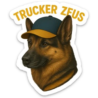 Change the words 'Trucker Zeus' to yellow, keep the realistic German Shepherd, and maintain a transparent background. The style is realistic with a focus on the German Shepherd and clear text in yellow. sticker