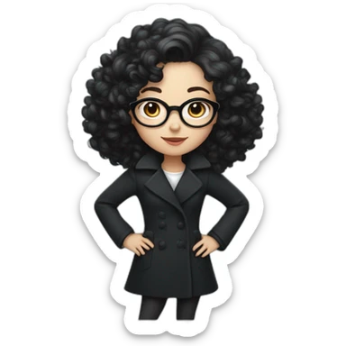 Full length girl in Black coat with glasses with gray-blue eyes, white skin and curly black hair and aristocratic high cheekbone sticker