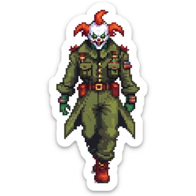 evil clown soldier, bald, small black satan horns on forehead, fangs, pointed ears, eye patch over one eye, black and military green clothes with bellbottom pants, realistically proportioned, less bulky, full body, fighting stance sticker