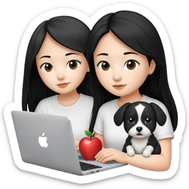 Asian girl with long black hair , wearing a white t-shirt, working on an Apple laptop, next to her is a small black and white dog sticker