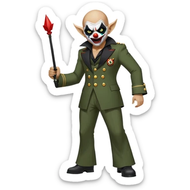 evil clown, bald, small black satan horns on forehead, fangs, pointed ears, eye patch over one eye, black and military green leisure suit with bellbottom pants, realistically proportioned, less bulky, full body, battle-ready fighting posture sticker