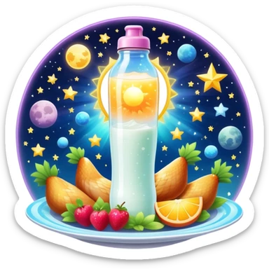 Magical fitness galaxy with ethereal glowing water bottle, celestial sun rays, enchanted floating chicken and rice plate, mystical sparkling gym equipment, luminous yogurt, twinkling fruit pieces, and dreamy moon and stars, all orbiting in perfect harmony within a cosmic starry circle sticker