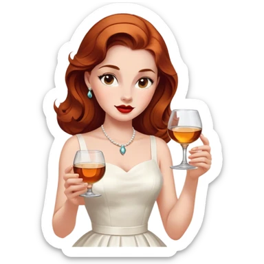 oval face Beautiful woman in 1950’s woman fashion look, white dress, long auburn hair, whisky sticker