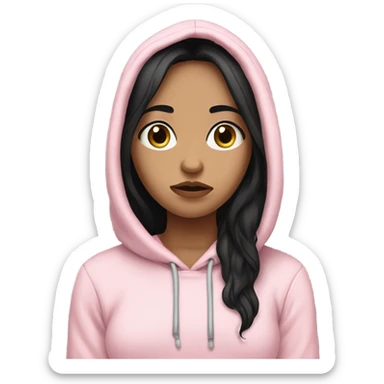 Light skin girl with long black hair wearing pale pink hoodie with hand on her face with a disappointed face  sticker
