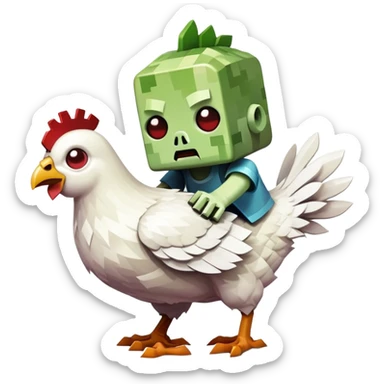 small square-shaped Minecraft baby zombie riding a tiny white chicken sticker