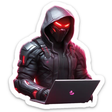 developer behind his laptop with this style : crysis Cyberpunk Riot Games Valorant neon glowing bright red character red dark black hooded assassin themed character sticker