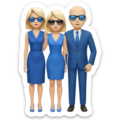 White woman with blonde hair wearing sunglasses and a blue dress, standing next to a tall bald white man sticker