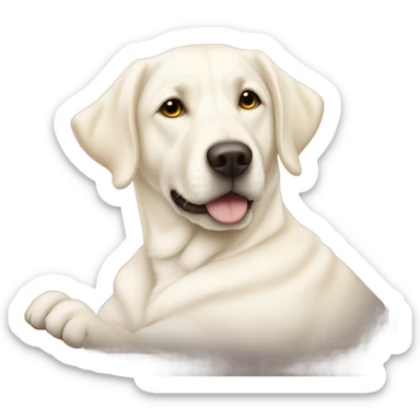 White lab dog cuddling with blonde sticker
