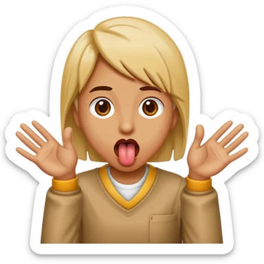 someone sticking out their tounge and their hands looking like their opening something on the side sticker