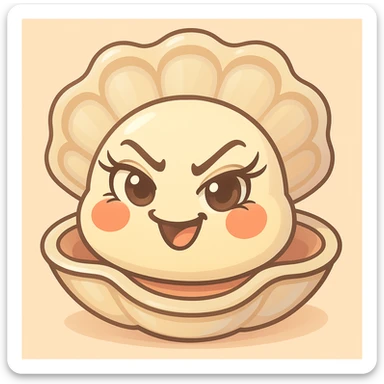 Enhance the oyster's eyes to be even more expressive and luminous with long, curved eyelashes. Maximize the pastel, pearly, cream, peach, and greige nuances. Keep the shell large and the oyster small. Maintain the pastel toon style, the background, and the mischievous expression. sticker